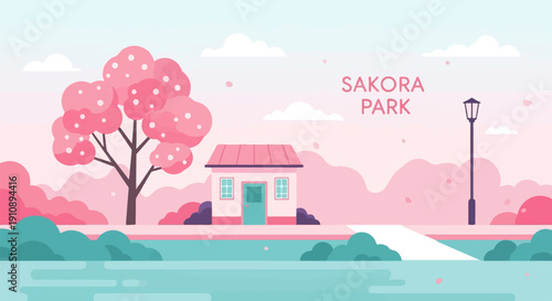 Pixelated park scene with blooming tree, house, path, and water