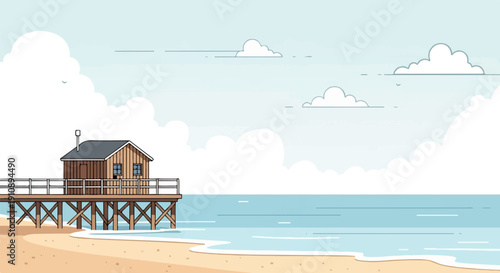 Pixel art seaside scene with a wooden pier, shack, beach, and ocean