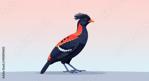 Pixelated, exotic bird with vibrant plumage against a gradient sky