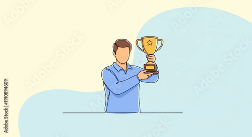 Person holding a golden trophy with a star in the center on a minimalist backdrop