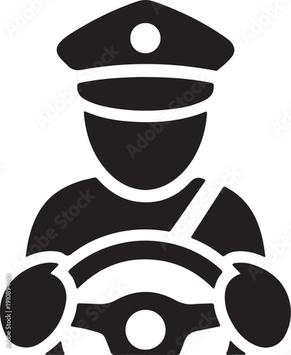 Professional Driver Silhouette Icon Chauffeur or Police Officer Steering Wheel Vector for Transportation and Security