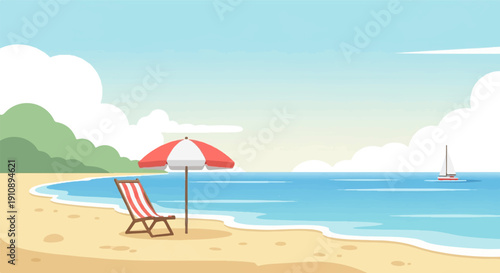 Peaceful beach scene with red-striped chair and sailboat on blue ocean