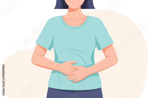 Person in a turquoise t-shirt holds their stomach with crossed hands, conveying discomfort