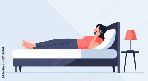 Person in bed talking on phone, beside a nightstand with a lamp