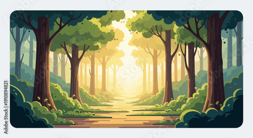 Pixelated forest scene with sunlit path and lush greenery