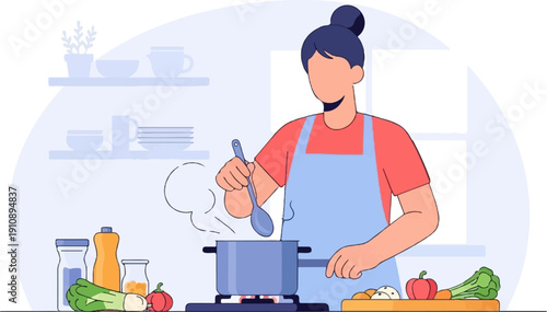 Person in apron cooks on stove with ingredients and shelves of dishes