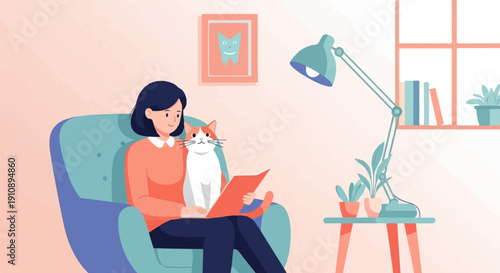 Person reading a book with a cat on their lap in a cozy room