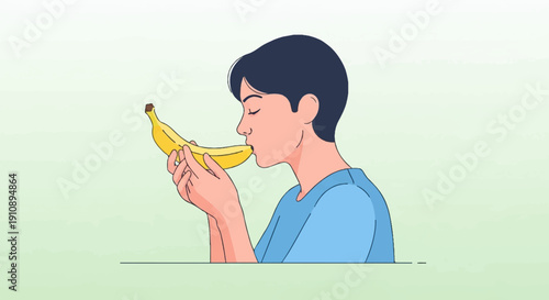 Person in blue shirt gently kissing a yellow banana