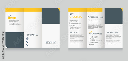 Modern Business Trifold Brochure Template Design in Yellow and Dark Blue, suitable for company profile, marketing, consulting, agency.