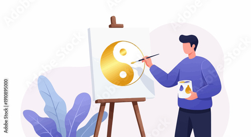Person painting a golden yin yang symbol on an easel