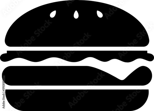 Simple burger icon in black and white silhouette flat design. Fast food concept. Vector illustration for menu, app icon, website