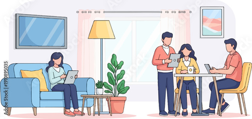 People working and relaxing in a modern, brightly lit room with tech devices