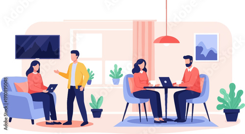 People working and relaxing in a modern interior space with plants