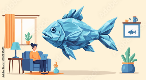Person on couch with laptop as large origami fish floats above them indoors