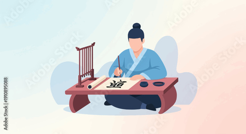 Person in traditional attire practices calligraphy on a low table