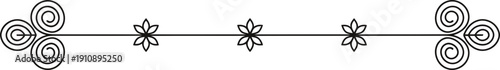 Decorative line divider with floral elements and spiral accents. Elegant border for text, page design, invitation, decoration, and web content. Simple vector illustration