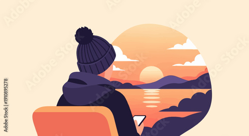 Person in winter hat gazes at phone, overlooking sunset over water