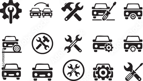 Black and white car repair tools and vehicle