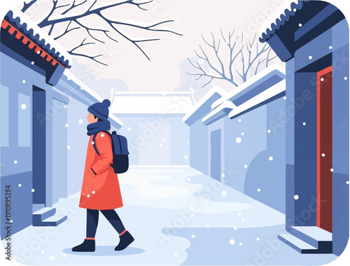 Person in warm clothing walks through snowy alleyway with traditional architecture