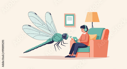 Person on couch with headphones looks at a large dragonfly