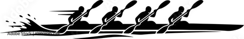 Rowing team with four men in kayak canoe, race competition, water sport activity. Flat style black and white vector icon