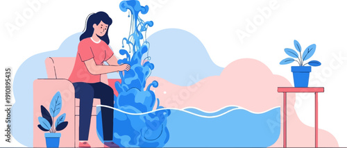 Person interacts with cascading blue liquid in a domestic setting