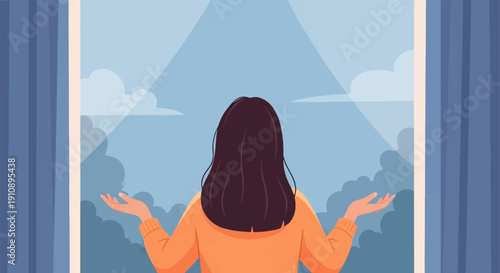 Person looking out window at cloudy sky with arms outstretched