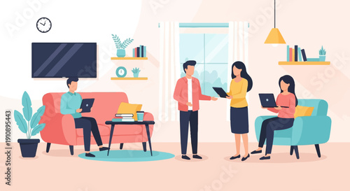 People working on laptops and discussing in a modern living room