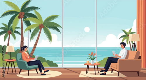 People working on laptops and tablets with a scenic ocean view