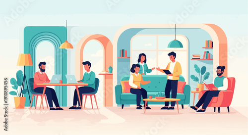 People working and relaxing together in a modern, bright indoor space