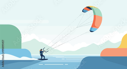 Person kitesurfing on a clear blue lake with colorful kite