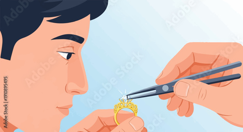 Person inspecting a diamond engagement ring with tweezers