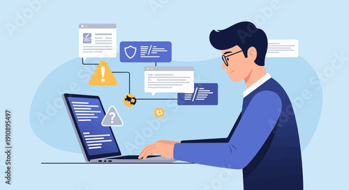 Person interacting with digital alerts and information on laptop