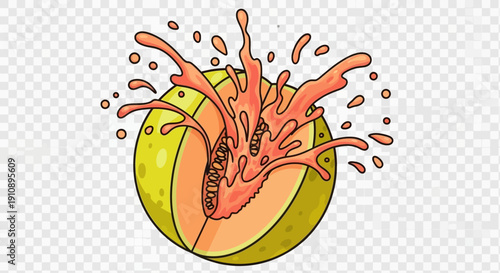 Stylized illustration of a juicy cantaloupe melon splitting open with a vibrant splash of pulp and seeds on transparent background