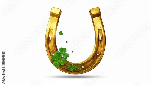   
Golden horseshoe with green shamrocks, open end upward, symbol of luck and Irish heritage, shiny gold contrast with vibrant green clovers.