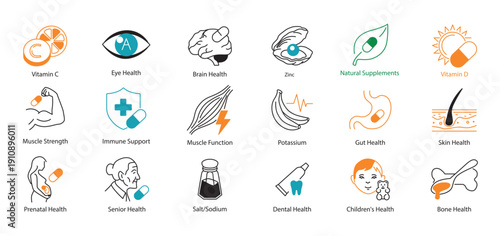 Complete Medical and Nutrition Vector Icons. Set of 18 Symbols for Body Health and Vitamins.