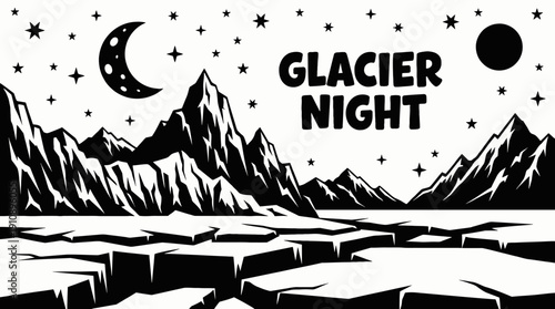 night glacier landscape with black and white moon and visible stars across dark polar sky above icy horizon showing celestial astronomy galaxy environment
