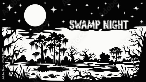 night swamp landscape black and white with full moon and scattered stars above misty wetland horizon showing dark celestial astronomy galaxy environment with natural water reflections