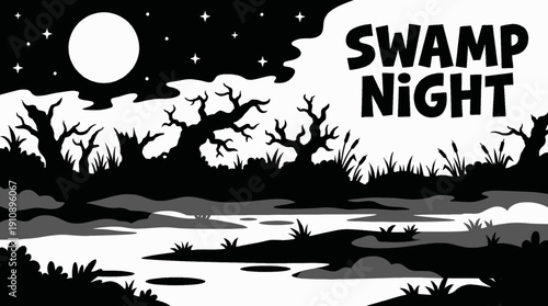 night swamp landscape black and white with full moon and scattered stars above misty wetland horizon showing dark celestial astronomy galaxy environment with natural water reflections