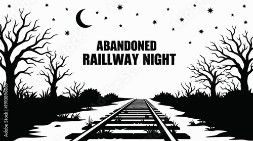 night abandoned railway landscape black and white with crescent moon and bright stars over empty tracks along dark horizon showing celestial astronomy galaxy environment