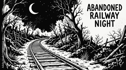 night abandoned railway landscape black and white with crescent moon and bright stars over empty tracks along dark horizon showing celestial astronomy galaxy environment