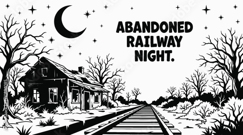 night abandoned railway landscape black and white with crescent moon and bright stars over empty tracks along dark horizon showing celestial astronomy galaxy environment