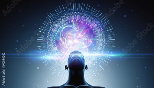 Surreal quantum energy burst exploding from open human mind showing creativity innovation power in spiritual consciousness awakening concept