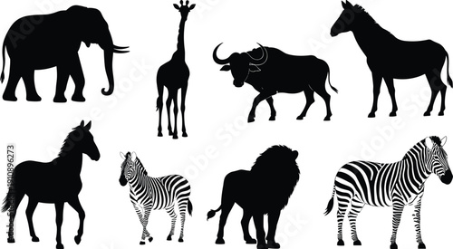 Black animal silhouettes collection set with elephant giraffe lion zebra and buffalo isolated on white background for safari wildlife nature and zoo design