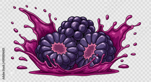 Vibrant illustration of ripe, juicy blackberries bursting with rich purple splash, perfect for food branding and design elements on transparent background