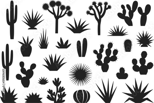 Black cactus silhouettes collection set with desert succulents agave and prickly pear isolated on white background for southwest nature garden and exotic landscape design