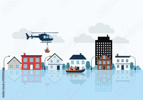 Flat Vector Illustration of a Flood Rescue Operation with Emergency Helicopter, Boat, and Rescuers in a Flooded Suburban Neighborhood for Disaster Relief and Climate Change Awareness