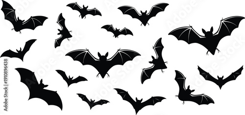 Black bat silhouettes collection set flying in different positions isolated on white background for halloween party decor spooky mystery and nocturnal wildlife design