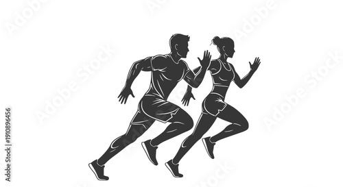 Running man and woman, isolated vector silhouettes. Run, side view. Silhouettes of athletic looking male and female runners running. Transparent background SVG version.