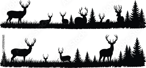 Black deer silhouette forest landscape vector with buck stags and pine trees isolated on white background for wildlife nature hunting and outdoors design